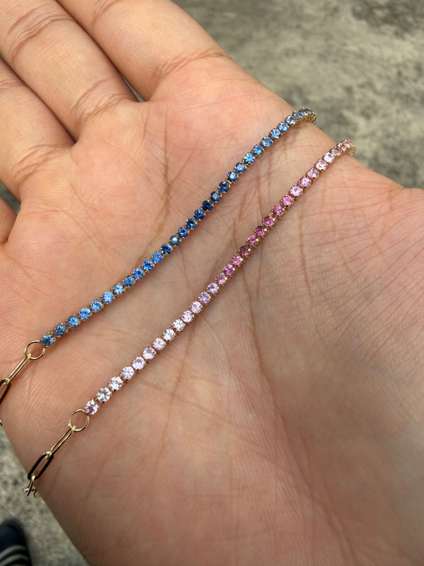 Paper Clip Tennis Bracelet - Natural Sapphire Gradients - 14k Gold