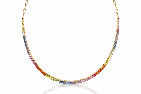 Paperclip Tennis Necklace in Natural Rainbow Sapphire Gradients - 14K Gold