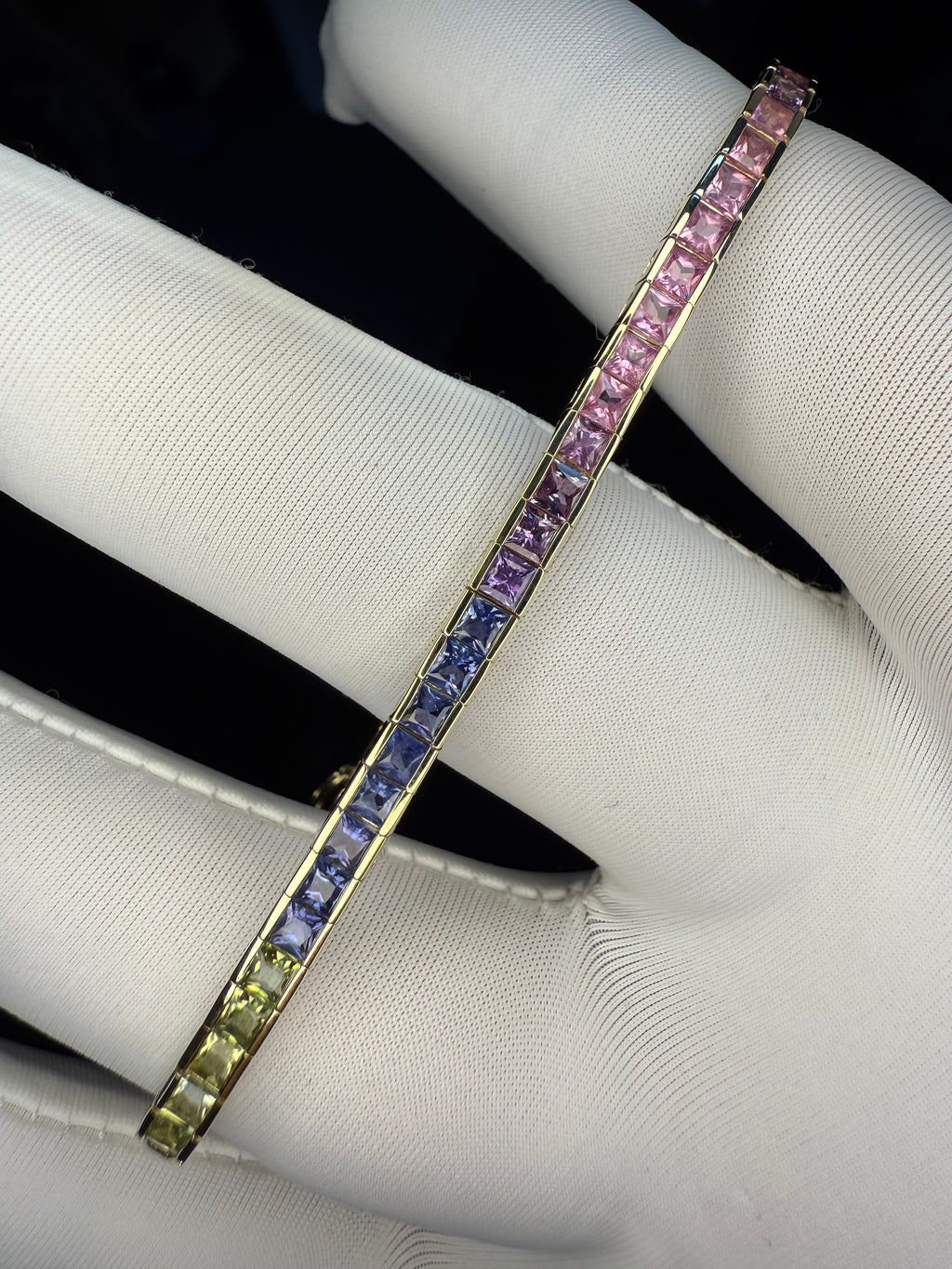 14K Gold Rainbow Sapphire Bracelet - Princess Cut