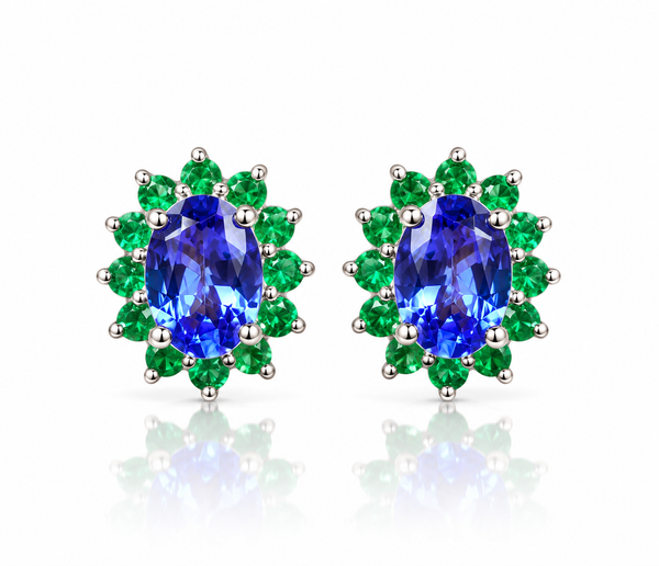 Natural Tanzanite and Emerald Earrings - 14K