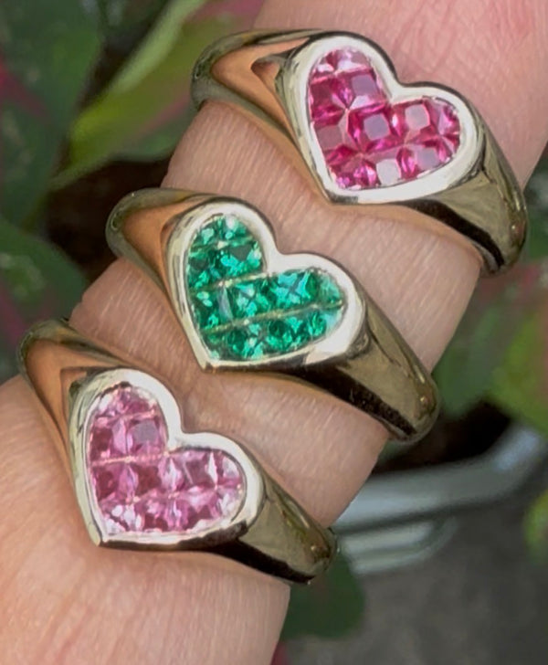 Heart Pinky Rings 10k gold with lab ruby/sapphire/emerald