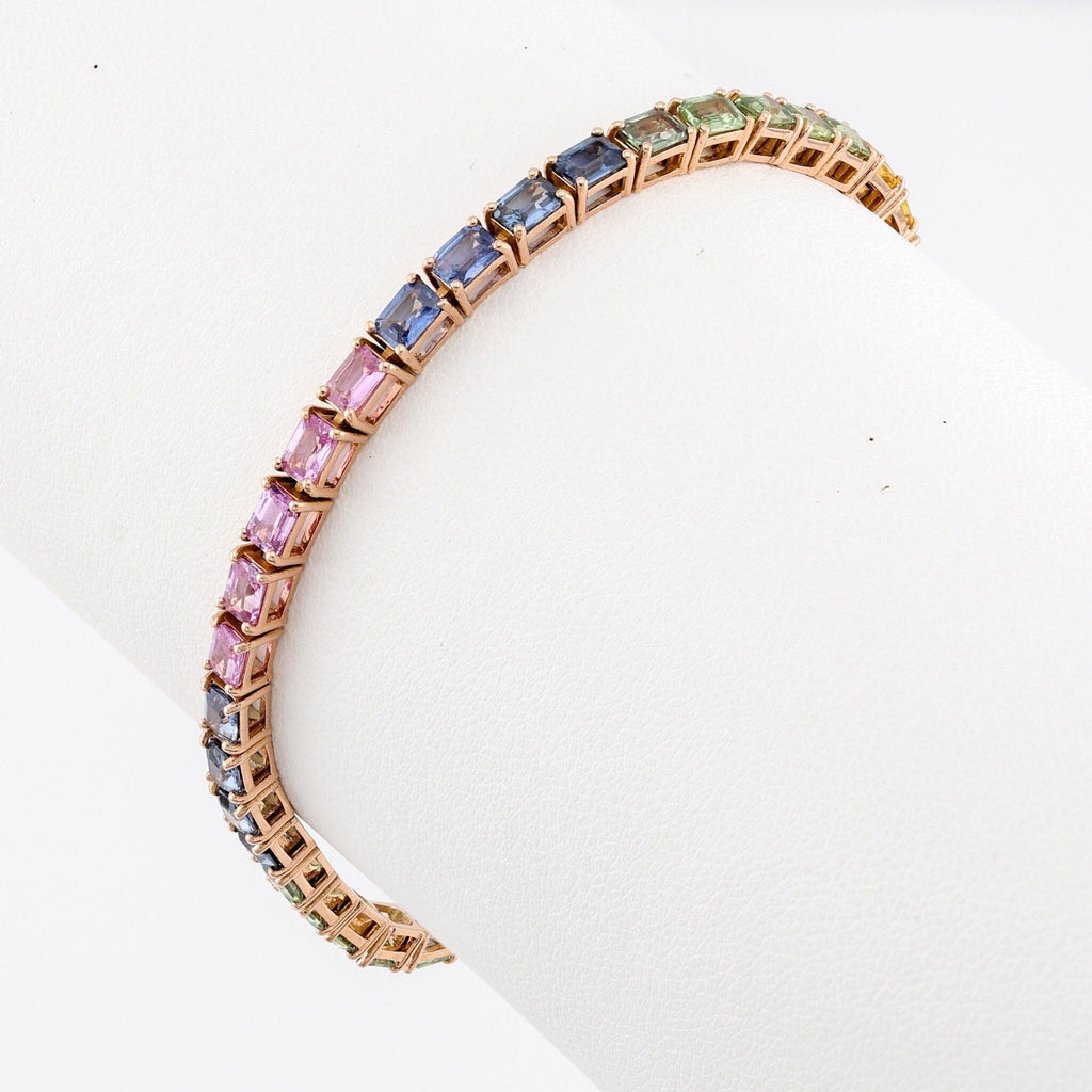 14K Gold Rainbow Sapphire Bracelet - Emerald Cut