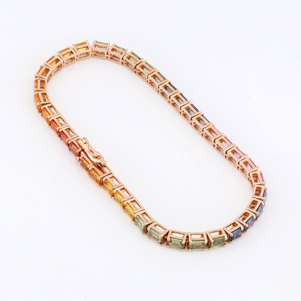 14K Gold Rainbow Sapphire Bracelet - Emerald Cut