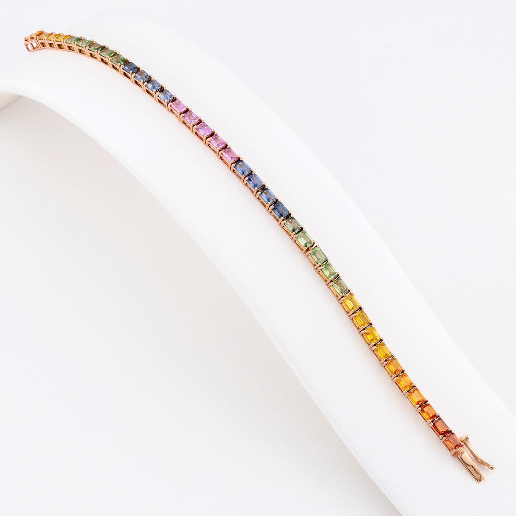 14K Gold Rainbow Sapphire Bracelet - Emerald Cut