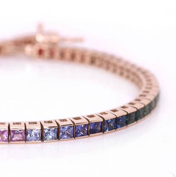 14K Gold Rainbow Sapphire Bracelet - Princess Cut