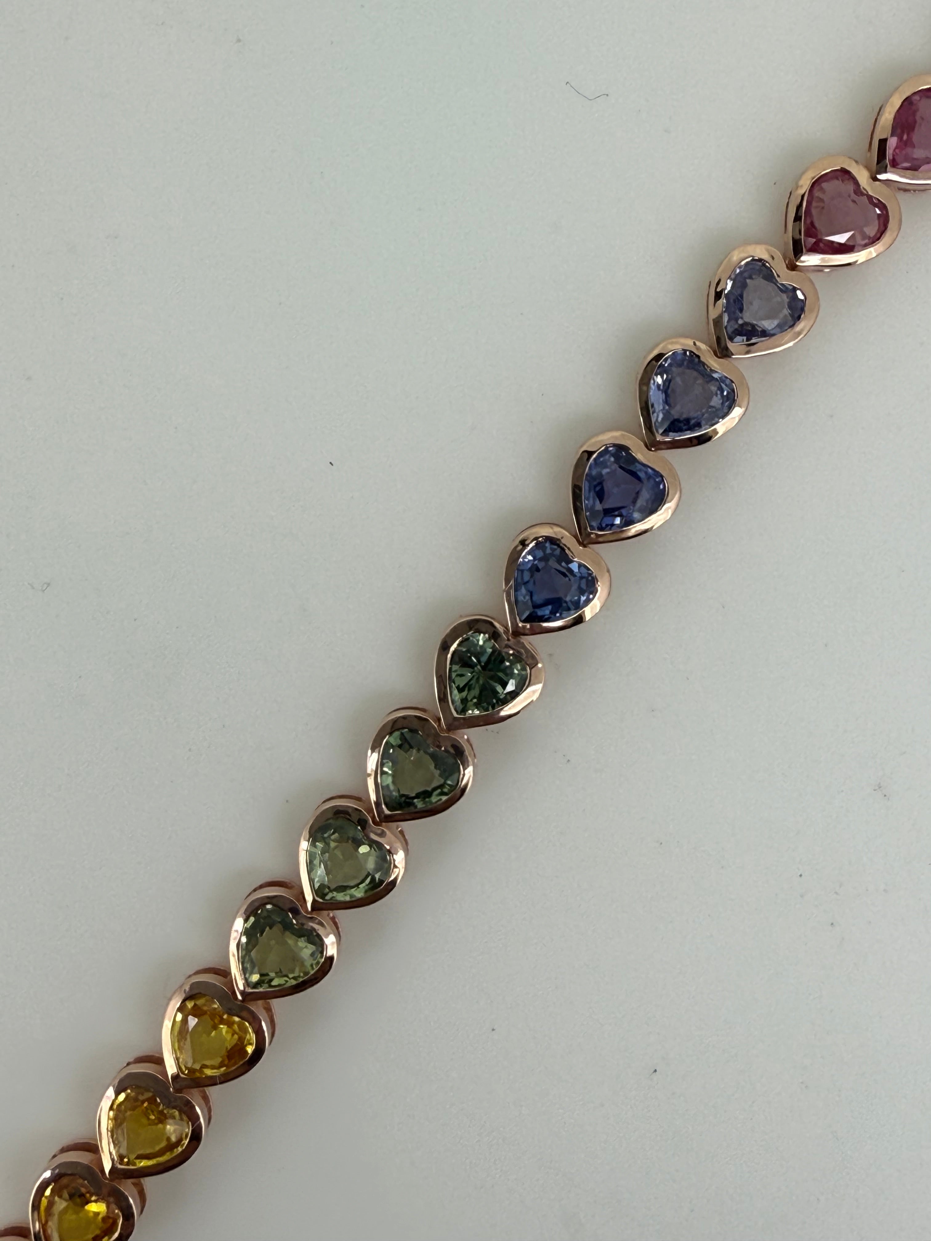 Bazel Set Hearts - Rainbow Sapphires - 14k gold bracelet