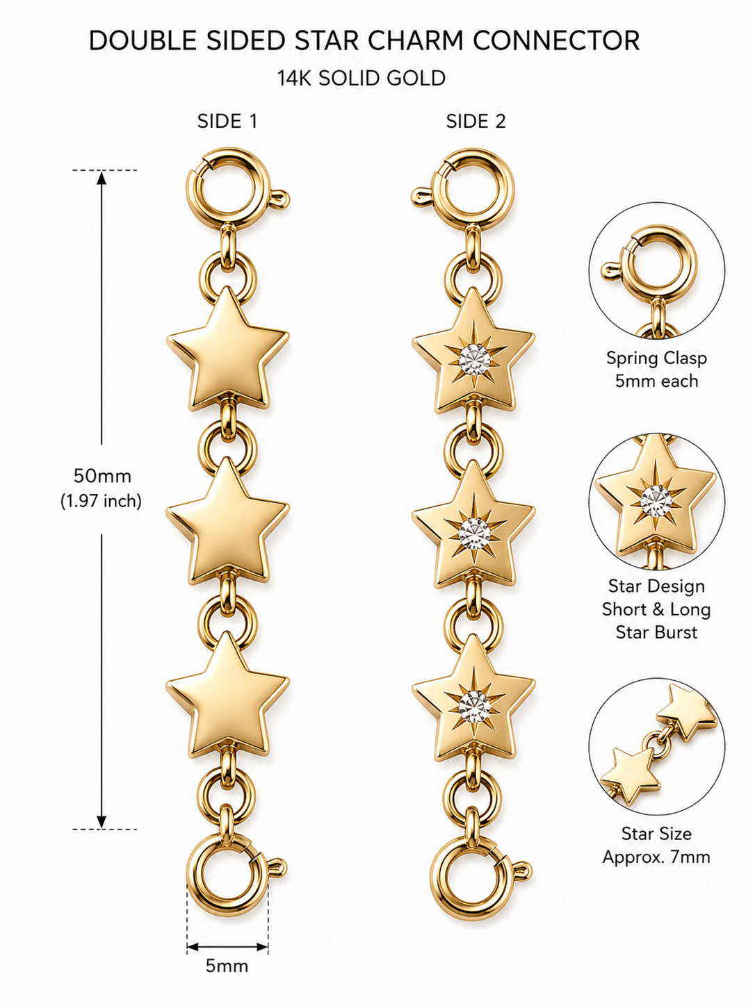 Double Sided Stars Charm Extender/Connector - 14K and Diamonds