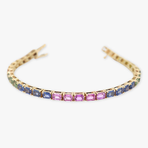 14K Gold Rainbow Sapphire Bracelet - Emerald Cut