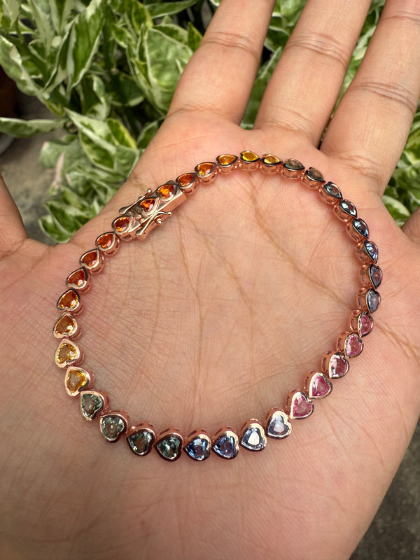 Bazel Set Hearts - Rainbow Sapphires - 14k gold bracelet