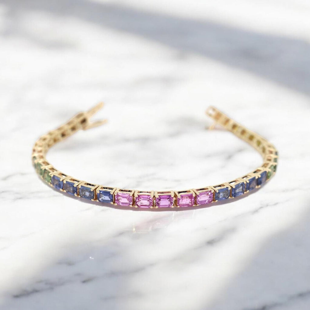 14K Gold Rainbow Sapphire Bracelet - Emerald Cut