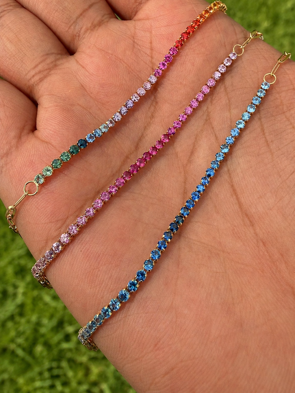 Paper Clip Half Tennis Bracelet - Natural Sapphire Gradients - 14k Gold