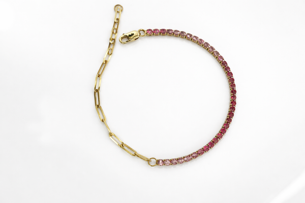 Paper Clip Tennis Bracelet - Pink Sapphire Gradients - 14k Gold