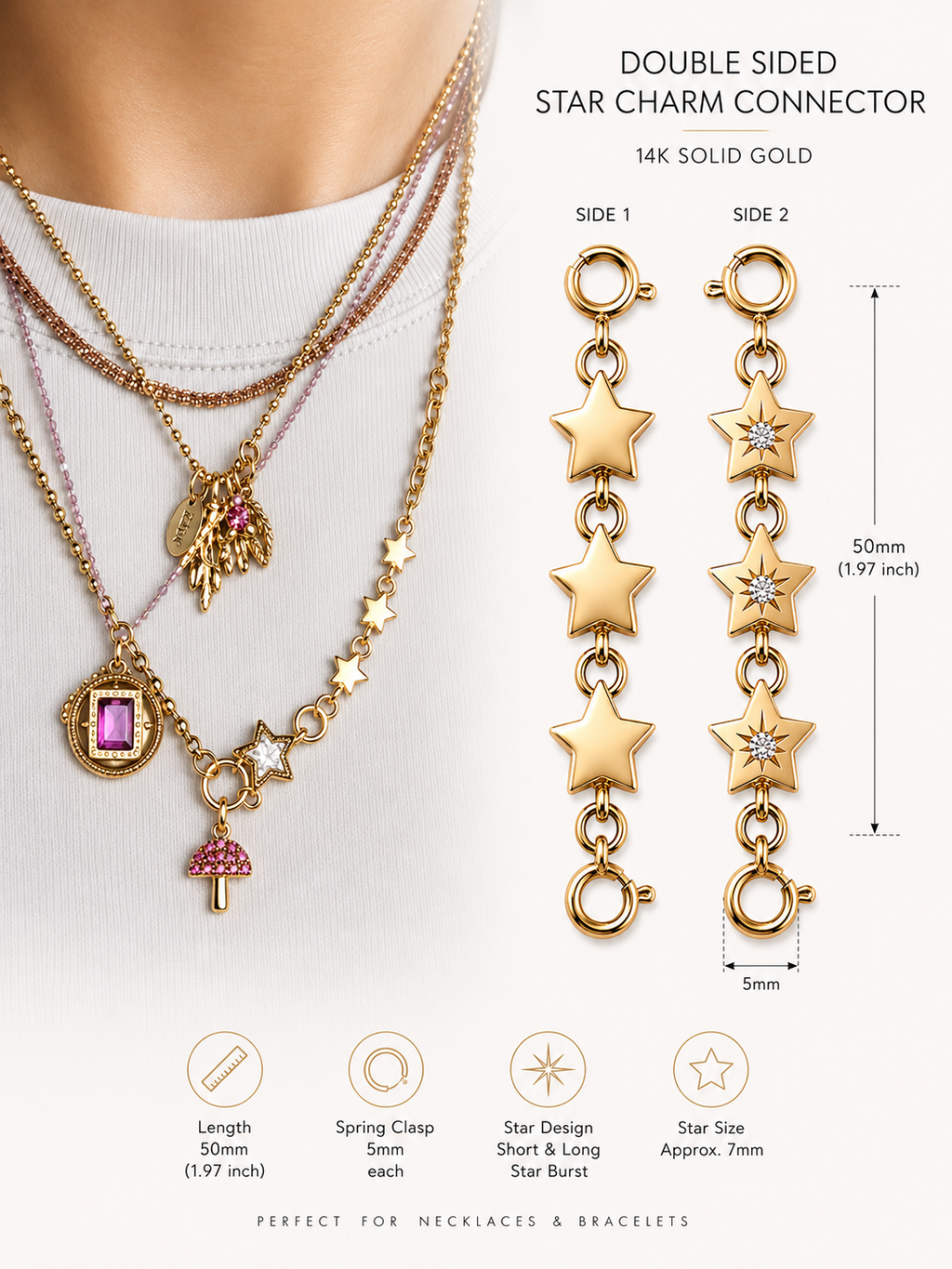 Double Sided Stars Charm Extender/Connector - 14K and Diamonds