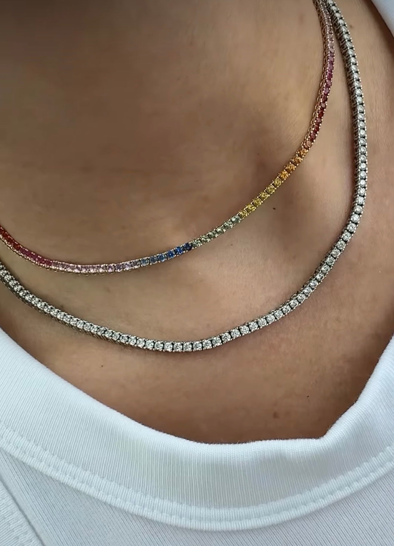 Paperclip Tennis Necklace in Natural Rainbow Sapphire Gradients - 14K Gold