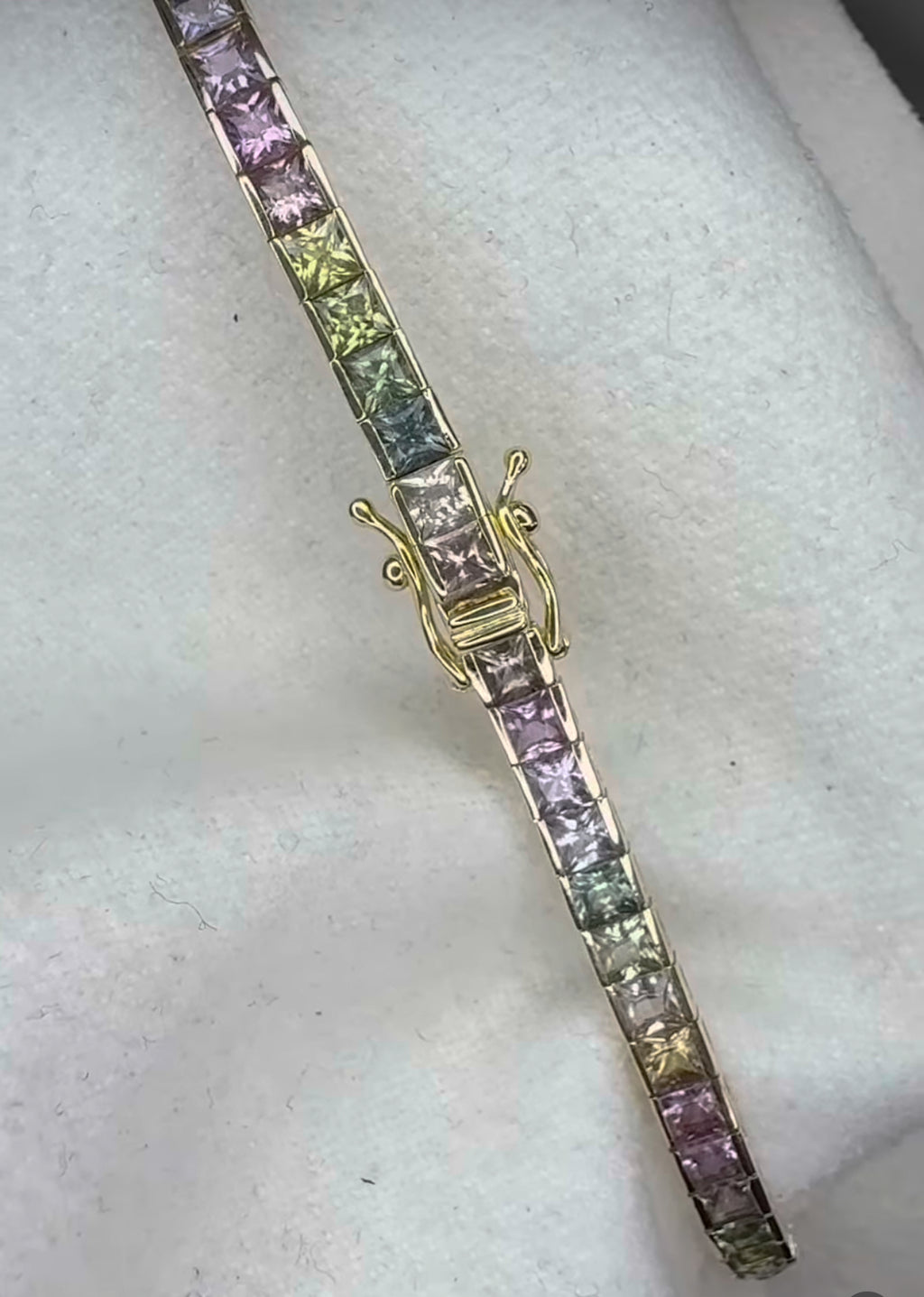 14K Gold Rainbow Pastel Sapphire Bracelet - Princess Cut