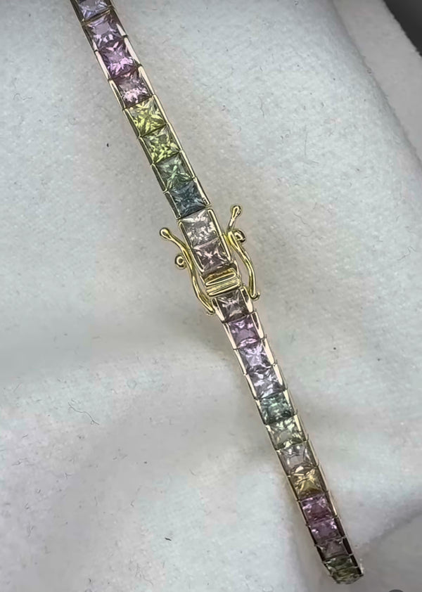 14K Gold Rainbow Pastel Sapphire Bracelet - Princess Cut