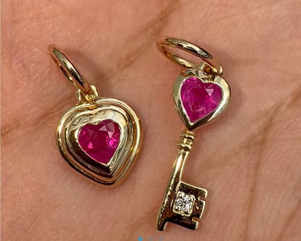 Natural Ruby Heart Charms - 14K Gold