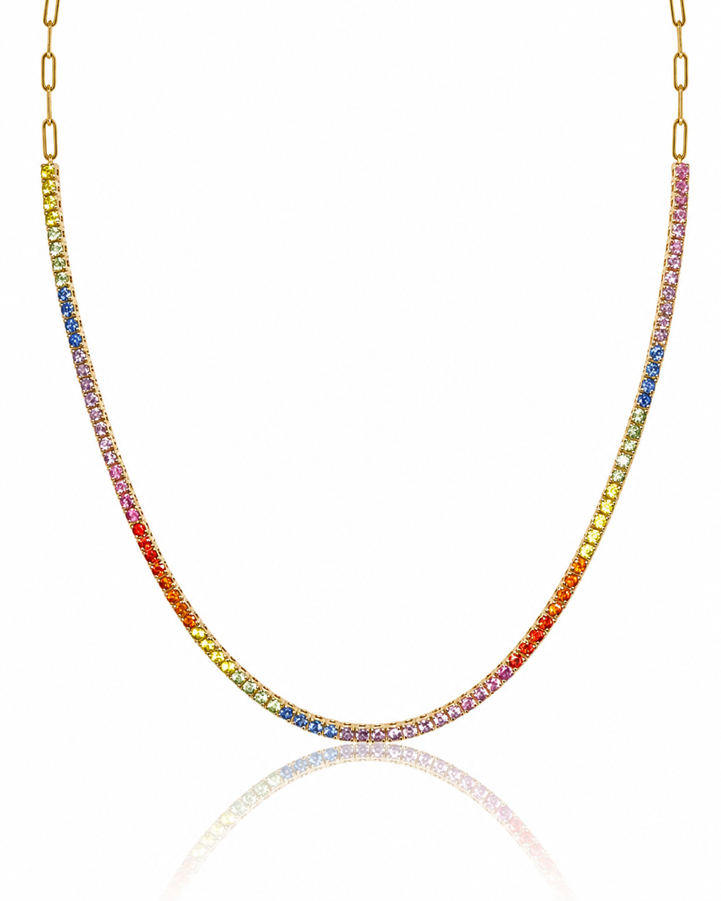 Paperclip Tennis Necklace in Natural Rainbow Sapphire Gradients - 14K Gold