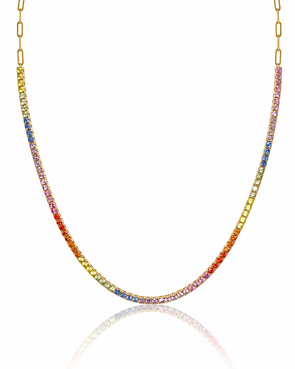 Paperclip Tennis Necklace in Natural Rainbow Sapphire Gradients - 14K Gold
