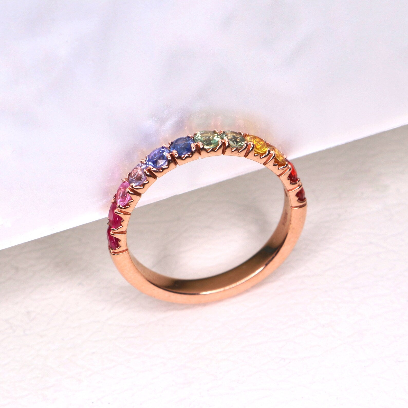 Rainbow Sapphire Half Eterntiy Ring - 14K Gold