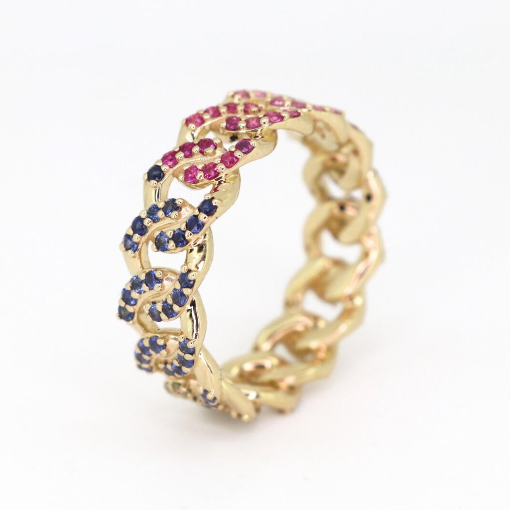 Cuban Sapphire Ring - Solid 14K gold - Rainbow Sapphire Cuban Ring