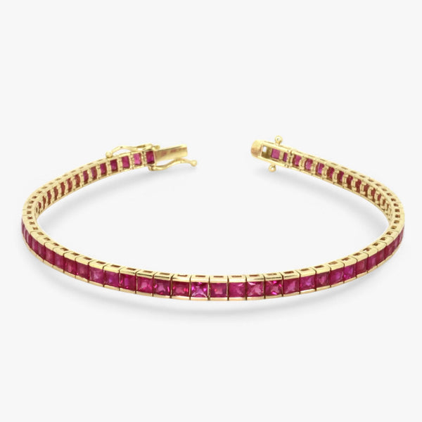 Ruby 14K Yellow Gold Bracelet - Princess Cut - Natural Square Ruby, Tennis Bracelet, Gemstone Jewelry