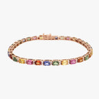 Natural Sapphire & Diamond Tennis Bracelet - Emerald Cuts - Natural Multi Color Gemstone, Solid 14K 18K Gold, Colorful Bracelet Gemstones