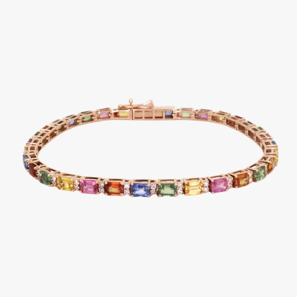 Natural Sapphire & Diamond Tennis Bracelet - Emerald Cuts - Natural Multi Color Gemstone, Solid 14K 18K Gold, Colorful Bracelet Gemstones