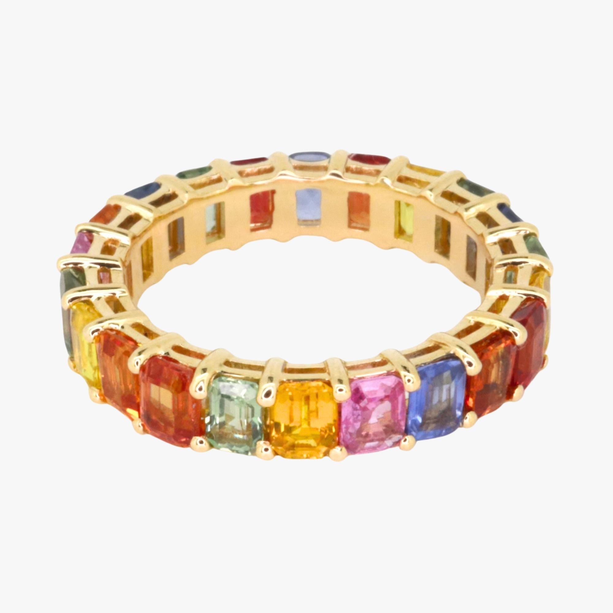 Multi Sapphire Eternity Ring Emerald Cut 18K Gold Ring, Multi Color Natural Sapphire Ring