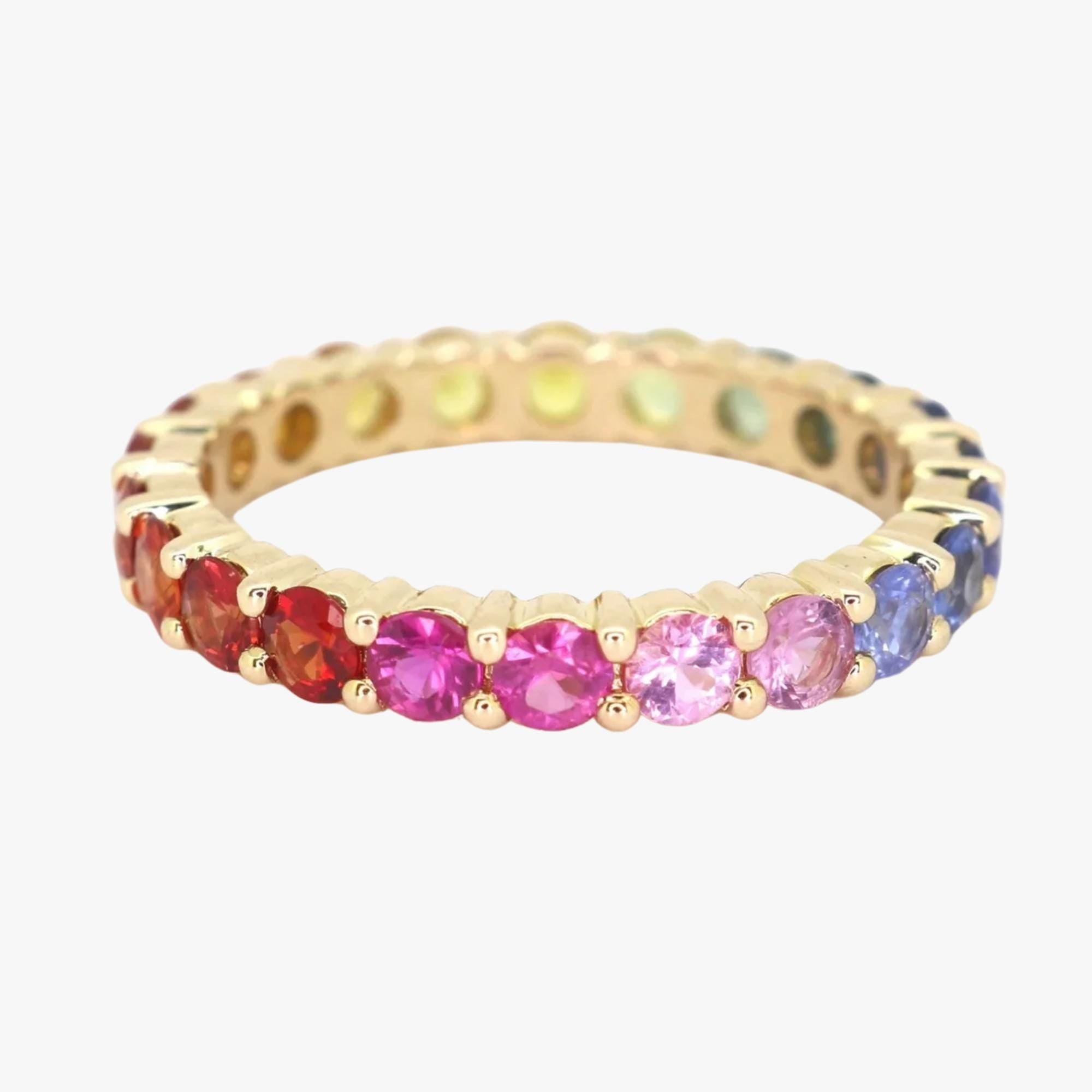 Rainbow Sapphire Eternity Band 3mm Round - Solid 14K Gold - Stackable Fine Jewelry Ring