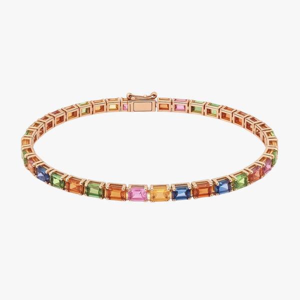 Natural Sapphire Tennis Bracelet - Emerald Cuts - Natural Multi Color Gemstone, Solid 14K  Gold, Colorful Bracelet Gemstones