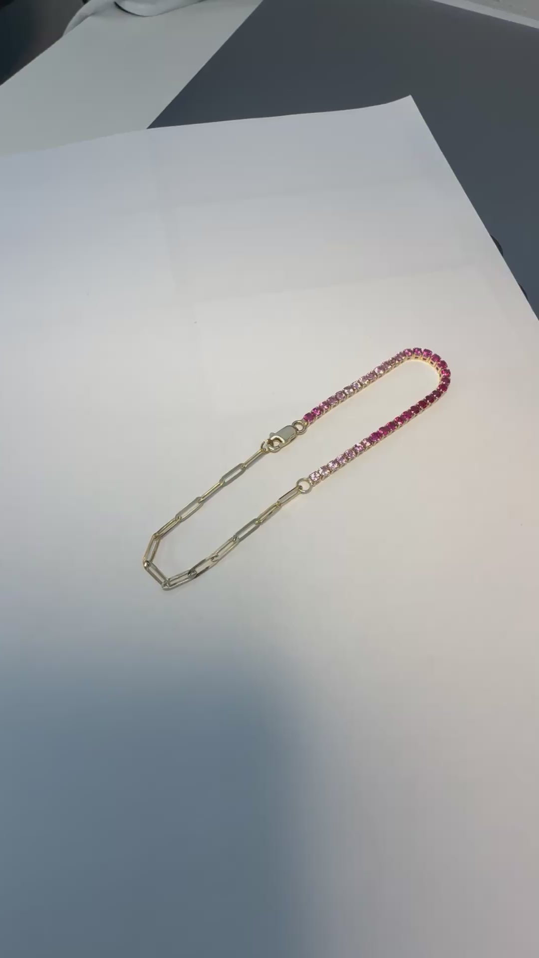 Paper Clip Tennis Bracelet - Pink Sapphire Gradients - 14k Gold