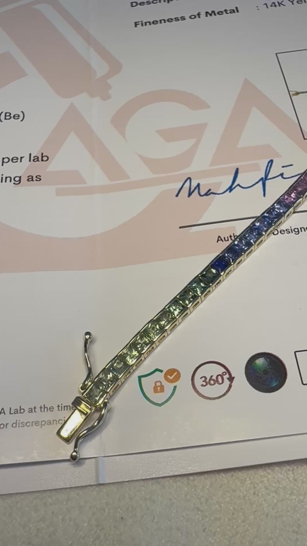 14K Gold Rainbow Sapphire Bracelet - Princess Cut