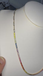 Paperclip Tennis Necklace in Natural Rainbow Sapphire Gradients - 14K Gold