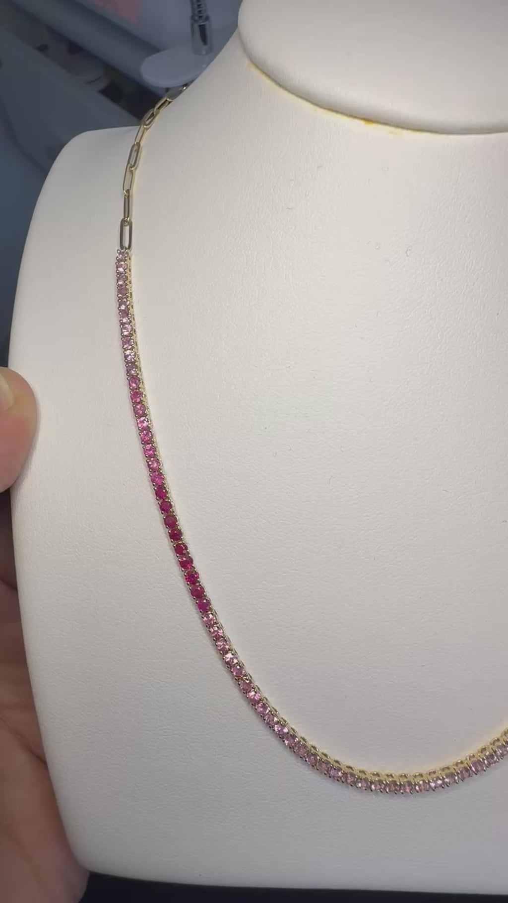 Paperclip Tennis Necklace in Natural Pink Sapphire Gradients - 14K Gold